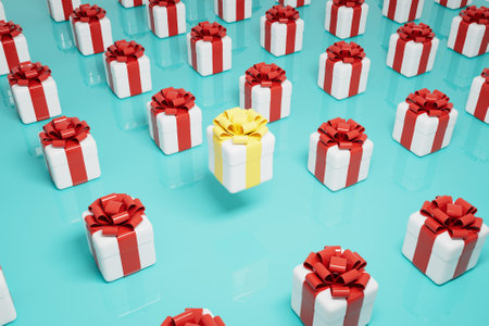 Gift box with yellow ribbons on a blue table 3d render.の写真素材