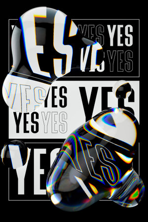 Liquid glass dispersion typographic title yes 3d render illustration.