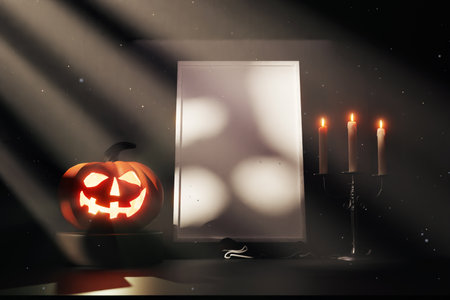 Halloween dark mockup vertical frame with pumpkin and candle in god raysの写真素材