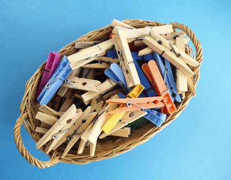 Basket of clamps for hanging clothesの写真素材