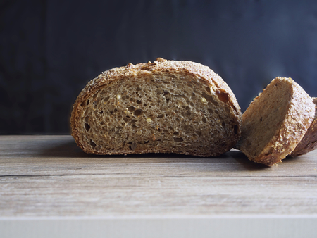 Rustic bread on wood backgroundの写真素材
