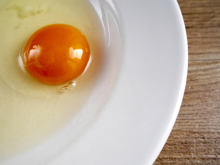 Yolk of egg in a plate on wood backgroundの写真素材