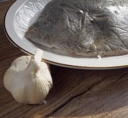 Turbot in a plate with garlic on wood backgroundの写真素材