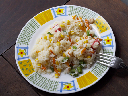 Chinese rice with seafood and vegetablesの写真素材