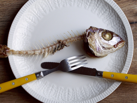 Fishbone with fork and knife in a beautiful plateの写真素材