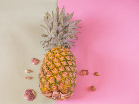 Pineapple with seashells on pink and  green background - summer conceptの写真素材