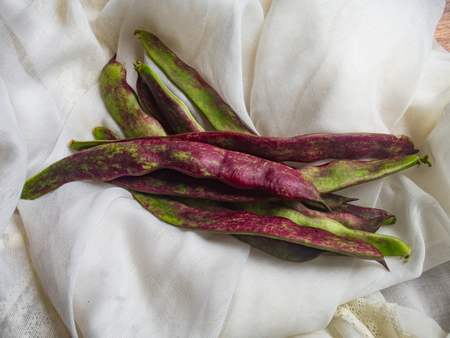 Green beans on a clothの写真素材