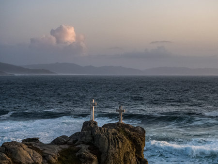 Memorial crosses for men dead in Cape Roncudo  on the coast of death in A Coruna, Spain
