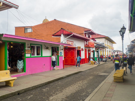 Salento - Colombia, November 3, 2019 People enjoy in the principal street of Salento in Colombiaのeditorial素材