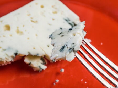 Blue cheese on red backgroundの写真素材