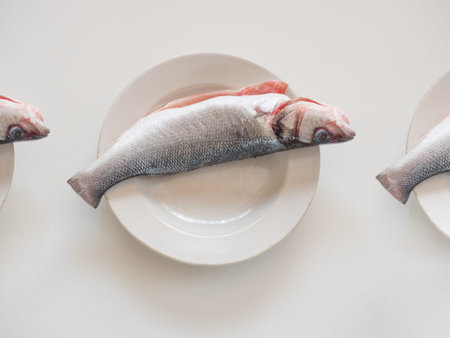Sea bass on a plate pattern on white backgroundの写真素材