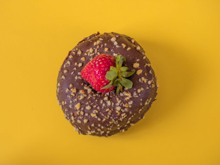 Chocolate donuts with almond and strawberry on yellow background
