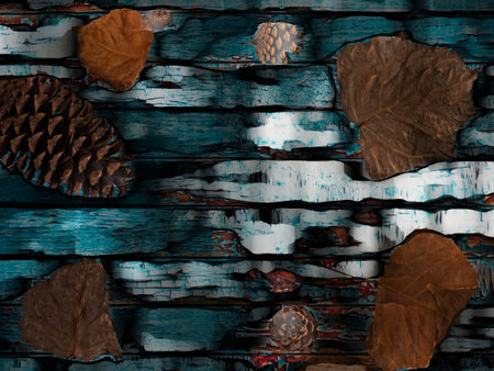 Fall background on blue grunge wood background with copy space