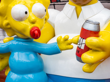 A Coruna, Spain - August 27, 2020 - Foreground of a baby Simpson figure in the Comic salon in A...