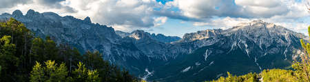 Panoramic view of mountains in Theth valley in Albaniaの写真素材