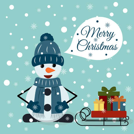Christmas greeting card with funny snowman, open sleigh with bunch of gifts and snowflakes on the background. Vector illustration for design.のイラスト素材