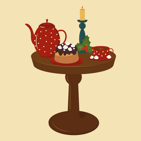 Chocolate cake with marshmallows, teapot, cup of tea and candlestick with holly leaves.のイラスト素材