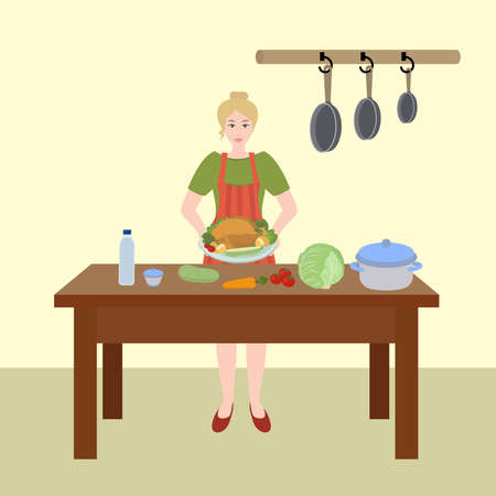 Young woman is cooking chicken with vegetables in kitchen. Flat vector illustration.のイラスト素材
