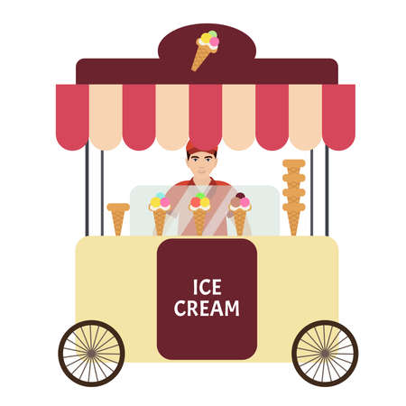 Flat vector illustration of ice cream cart with seller. Ice cream standのイラスト素材