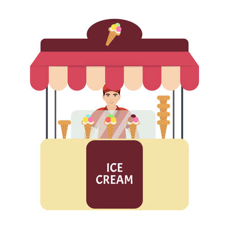 Flat vector illustration of ice cream shop with seller. Ice cream standのイラスト素材