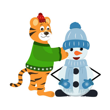 Cute cartoon tiger in weater and snowman, vector illustration. Symbol of 2022.のイラスト素材