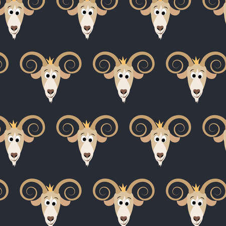 Funny cartoon pattern with Capricorns with crown. Capricorn zodiac sign vector illustration. The cartoon goat's head.のイラスト素材