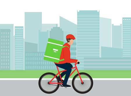 Delivery man on bicycle in city. Express delivery concept. Flat vector illustrationのイラスト素材