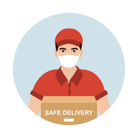 Safe delivery during the prevention of virus. Delivery man in a face mask with a box in his hands. Vector flat illustrationのイラスト素材