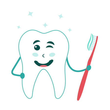 Happy tooth with a toothbrush. Oral hygiene, brushing teeth vector illustration. dental care.のイラスト素材