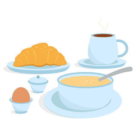 Healthy breakfast in the morning. Tea or coffee, porridge or cereal, croissant, egg. breakfast vector illustrationのイラスト素材