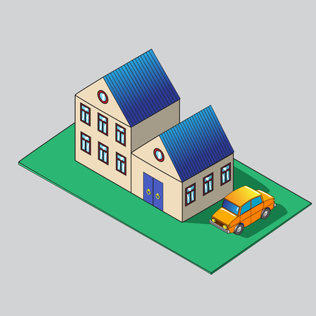 Isometric building and car illustration. House and car vector icon.のイラスト素材