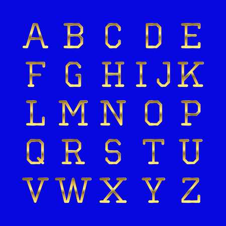 Vector golden alphabet. Golden letters. Illustration on a blue background.のイラスト素材
