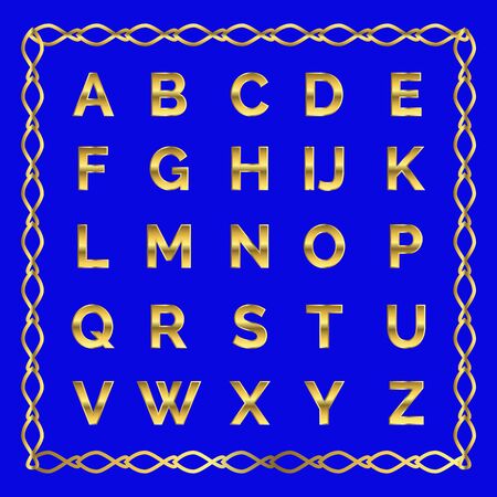 Vector golden alphabet. Golden letters. Illustration on a blue background.のイラスト素材