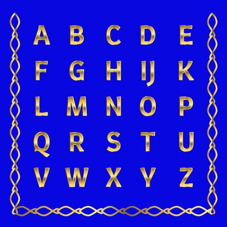 Vector golden alphabet. Golden letters. Illustration on a blue background.のイラスト素材