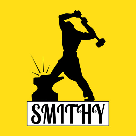 Blacksmith with a hammer and inscription "smithy". On yellow background.のイラスト素材