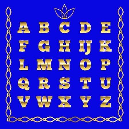 Vector golden alphabet. Golden letters. Illustration on a blue background.のイラスト素材