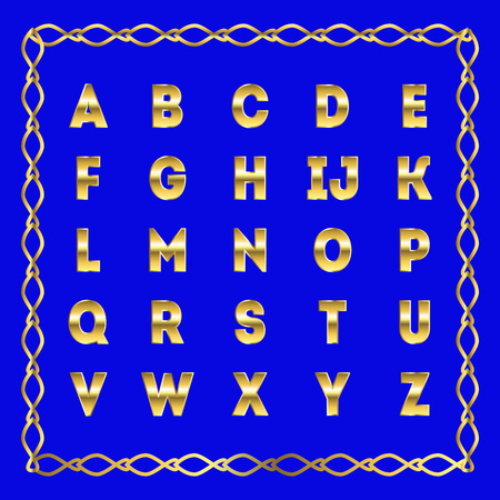 Vector golden alphabet. Golden letters. Illustration on a blue background.のイラスト素材