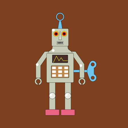 Toy robot with a winder. Vector illustration isolated on brown background.のイラスト素材