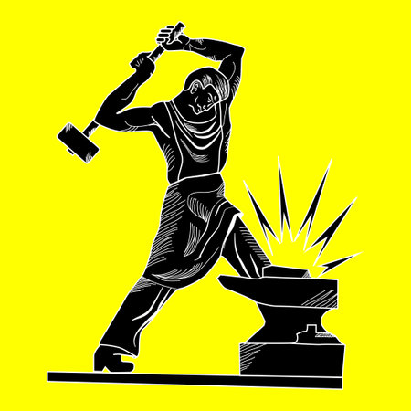 Black blacksmith with hammer beating on the anvil. Vector illustration on the white background.のイラスト素材