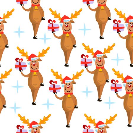christmas funny cartoon style deer pattern. vector illustration on white background. good for wrapping paper,  decorative prints, etc.のイラスト素材