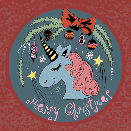 cartoon style drawn christmas illustration of unicorn. decorative element for greeting, invitation, post card, poster, etc.のイラスト素材