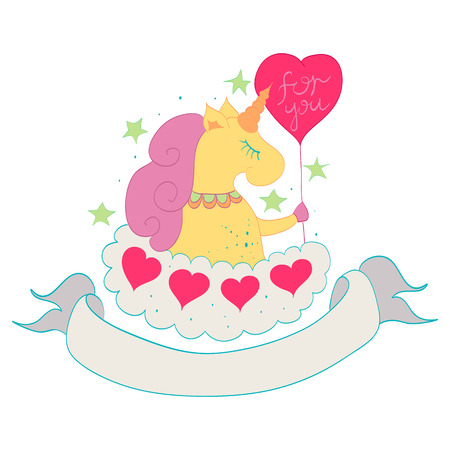 cartoon style drawn illustration of unicorn on a cloud with a decorative ribbon for your text. element for children and adult coloring book, greeting, birthday card,design prints, etc.のイラスト素材