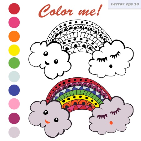 cartoon style illustration of funny clouds on white background with lettering. decorative element for children and adult coloring book, greeting, invitation card, sticker.のイラスト素材