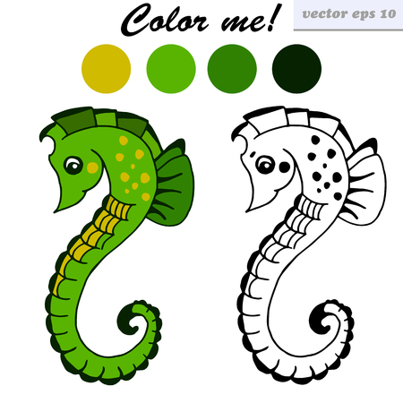 vector funny cartoon style sea horse. isolated illustration on white background. coloring page for children and preschool kids.のイラスト素材