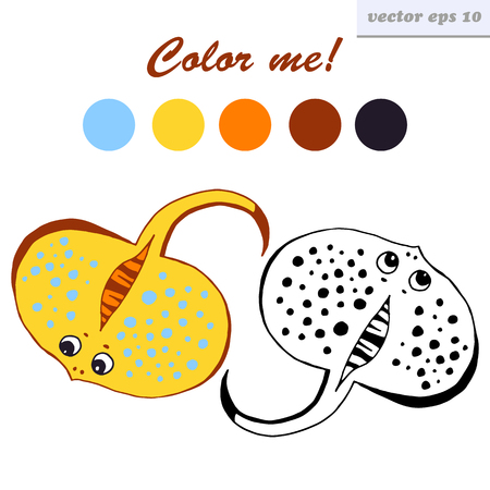 vector funny cartoon style blue spotted stingray. isolated illustration on white background. coloring page for children and preschool kids.のイラスト素材