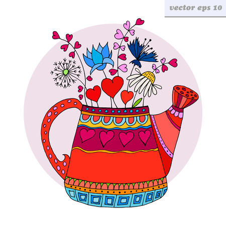 cartoon style hand drawn vector watering can with flowers and valentine hearts. symbol of spring, summer and blossoming. good for coloring book, print, sticker, etc.のイラスト素材