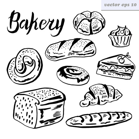 Set of bakery, flour and  various breads products.vector illustrations. isolated on white background.のイラスト素材