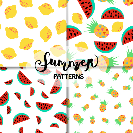 Bright vector summer backgrounds. Watermelon, lemon, pineapple. decorative elements, for prints, wrapping paper, decoration.のイラスト素材