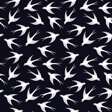 Hand drawn swallow bird seamless pattern. Illustration on dark background. Element for fabric and textile print, wrapping paper, wallpaper, backdrop.のイラスト素材