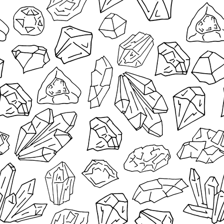 Precious stone seamless pattern. Isolated elements of different size and shape on dark blue background. Vector illustration. Wrapping paper design. fabric and textile print, decoration, background.のイラスト素材